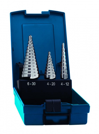 Набор свёрл ступенчатых, 3 пр., HSS-E TiN, Gr.1/2/3, d 4-12, 4-20, 6-30 мм, прямая канавка, трёхплоскостной хвостовик, CBN шлифовка