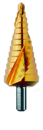 Сверло ступенчатое, HSS TiN, d 4-12 мм, спиральная канавка, трёхплоскостной хвостовик, CBN шлифовка