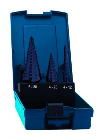 Набор свёрл ступенчатых, 3 пр., HSS TiAlN, Gr.1/2/3, d 4-12, 4-20, 6-30 мм, прямая канавка, трёхплоскостной хвостовик, CBN шлифовка