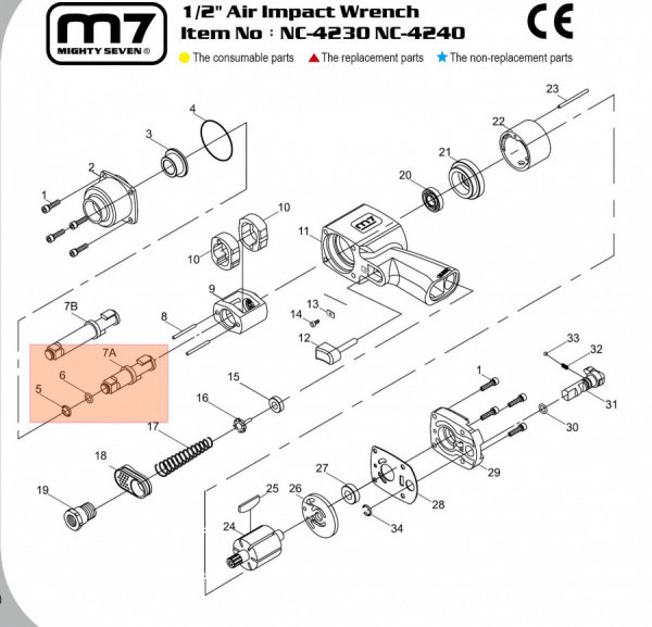 MIGHTY SEVEN Ремкомплект для гайковерта NC-4230, ось MIGHTY SEVEN NC-4230T07